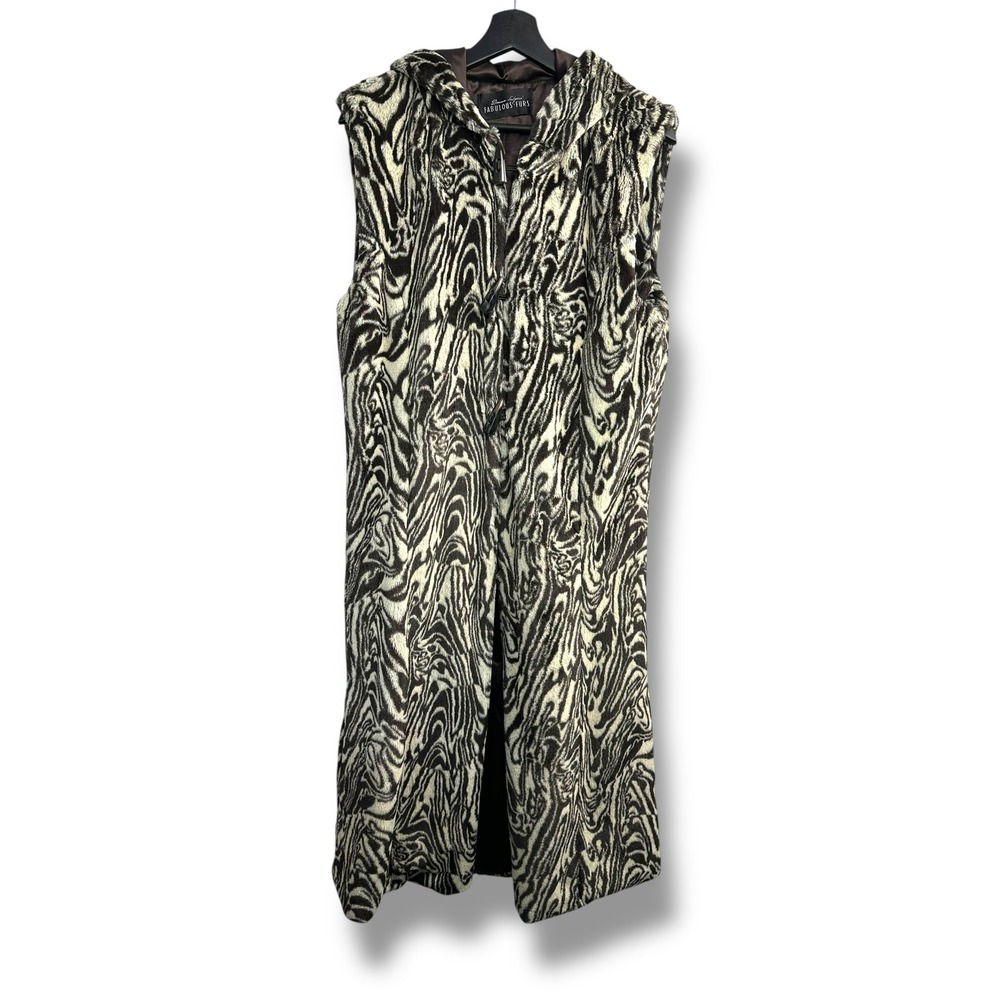 Fabulous Furs Zebra Print Sleeveless Hooded‎ Duster Vest Long Size M